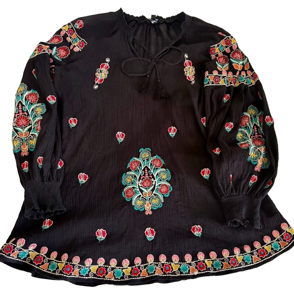 Tolani XL Black 100% Cotton Embroidered Boho Tunic Peasant Blouse Floral Top - Picture 2 of 16